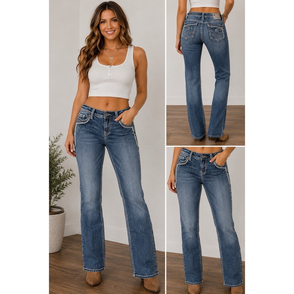 Silver Jeans Co Suki Women's 30/32 Straight Leg Low Rise Jeans Embroidered